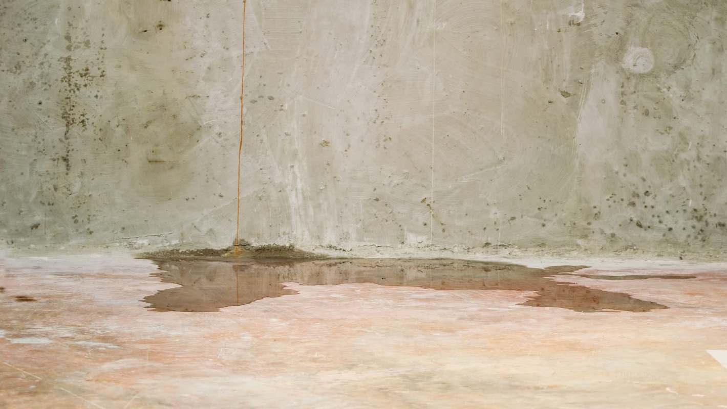 Water on a concrete floor.