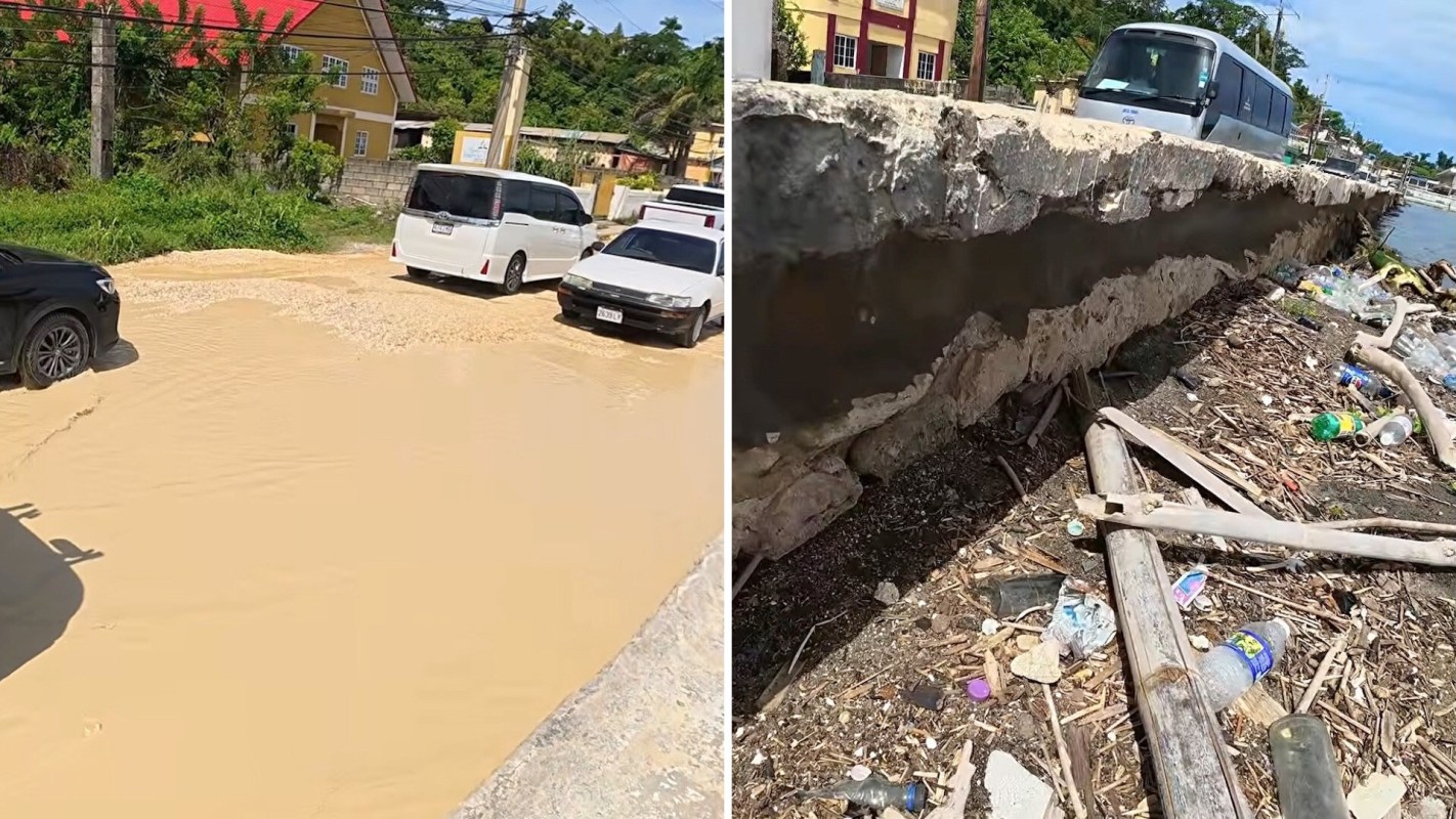 Two images showing a flooded road with cars and debris on a shoreline with litter and a damaged seawall.