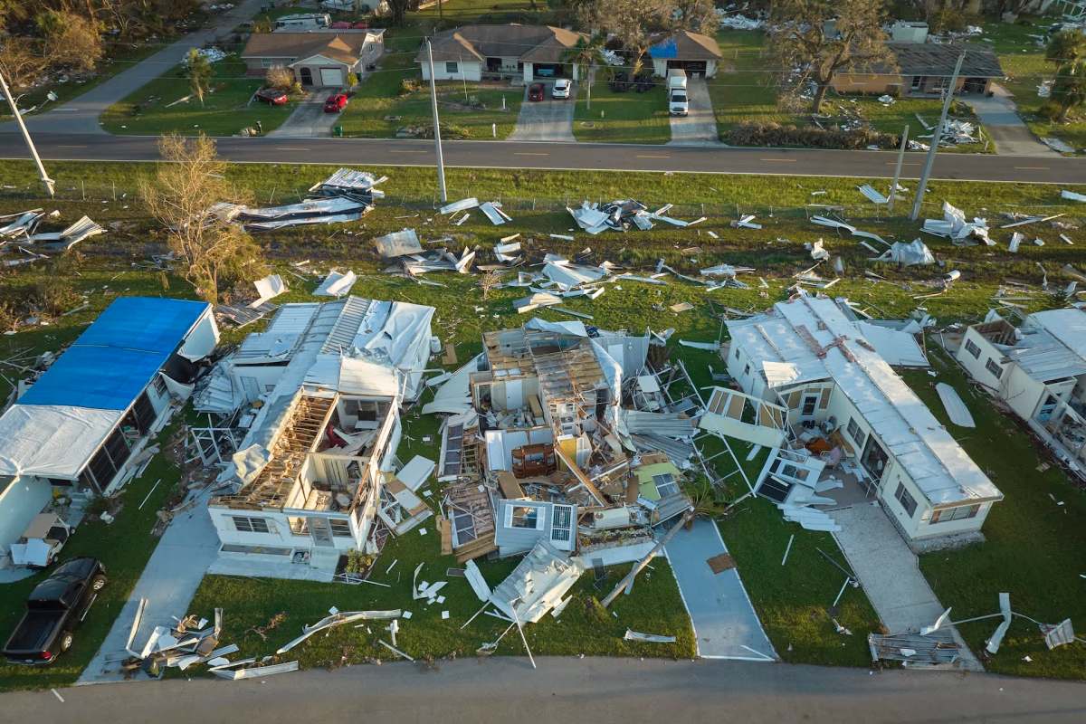 A residential neighborhood with heavy storm damage.