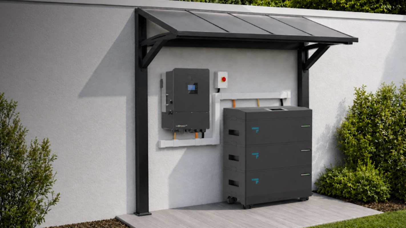 A battery storage unit and inverter under a protective cover.