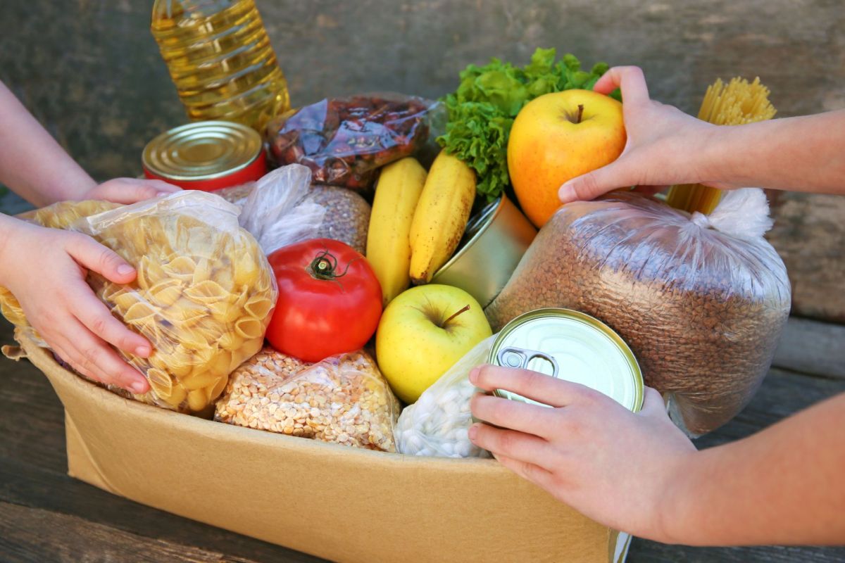 A box of donated food.