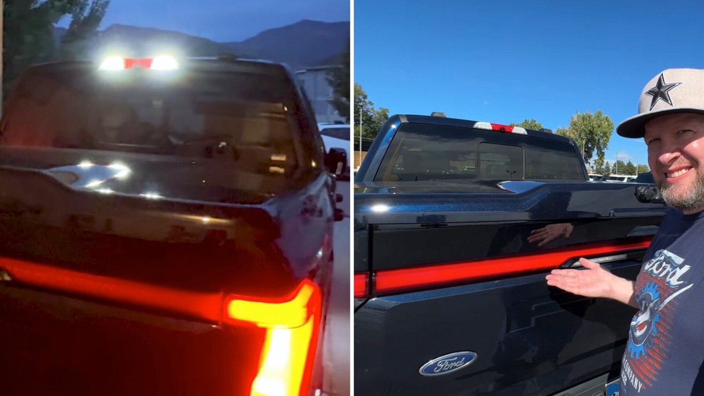 A man stands next to a black Ford truck, highlighting its rear light bar in the daylight after it was out in the left image.
