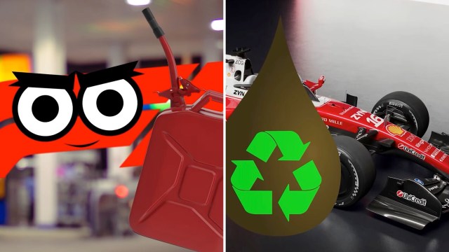 A cartoon character with large eyes next to a red gas can and a Formula 1 car with a green recycling symbol.
