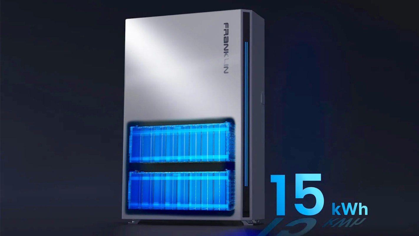A modern energy storage unit with blue-lit battery compartments and a digital display showing "15 kWh."