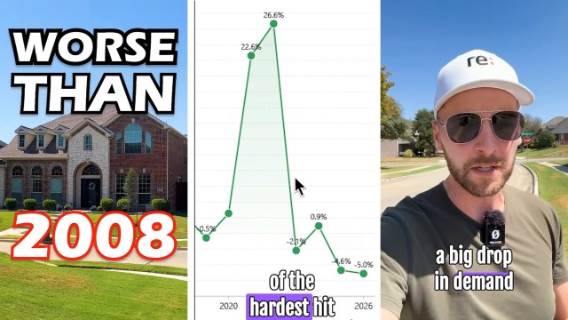A triptych of a house, a graph showing a downward trend, and a man talking about a drop in demand.