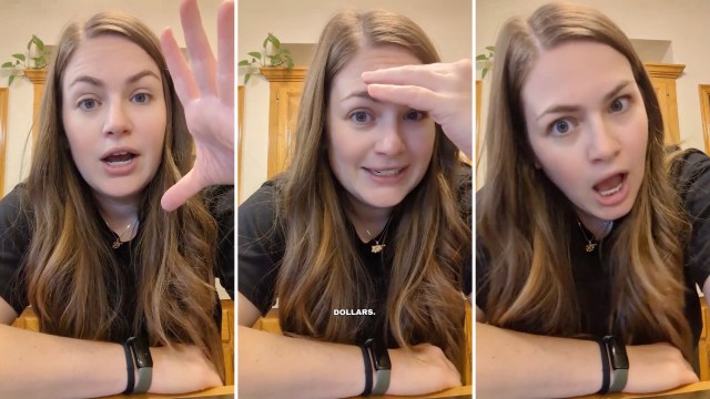 Three images of a woman expressing surprise.
