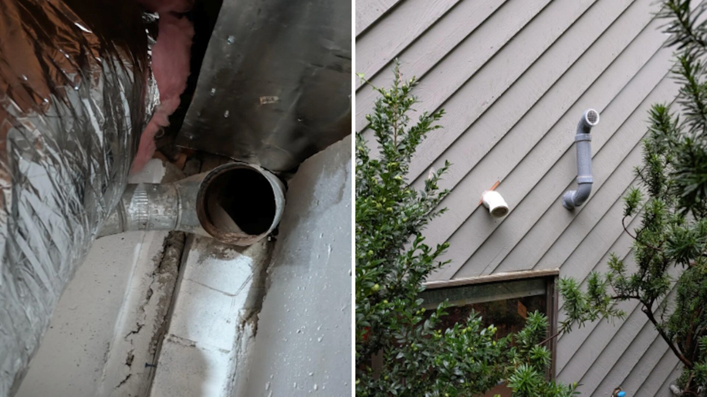 Two images: a duct connection inside a building and two pipes on an exterior wall near greenery.