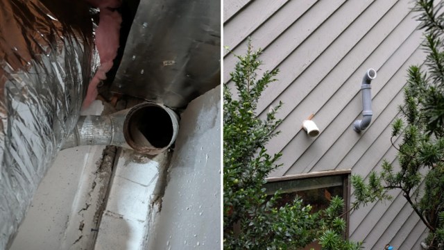 Two images: a duct connection inside a building and two pipes on an exterior wall near greenery.