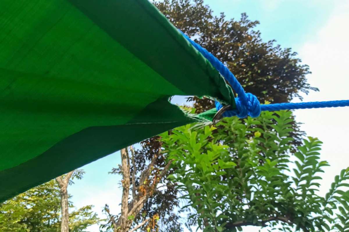 A green tarp secured with a blue rope amidst trees and a blue sky.