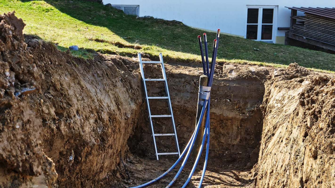 An excavated trench in a yard with a ladder and several blue pipes.