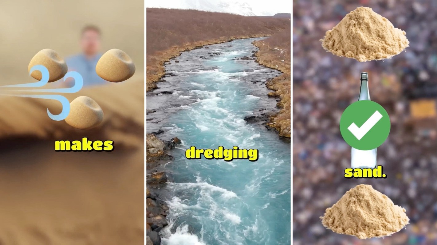 Three images depicting a process: wind eroding sand, a river with blue water, and sand pouring into a bottle.