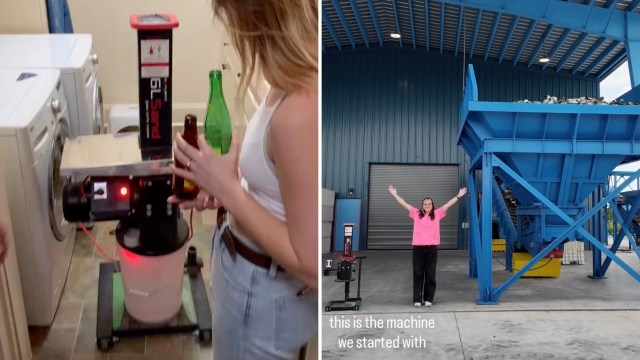A woman puts a glass bottle into a small machine, then stands between it and a large blue recycling machine.
