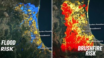 A map of the Gold Coast with flood risk in blue and brushfire risk in red.