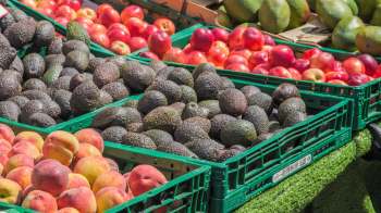 Peaches, avocados, apples, and mangos in green crates.