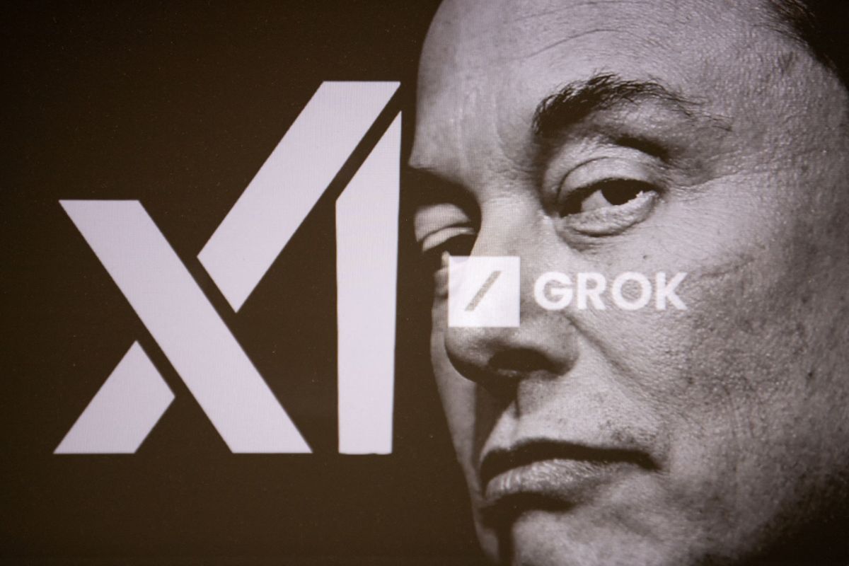 The Grok and xAI logos over Elon Musk's face.