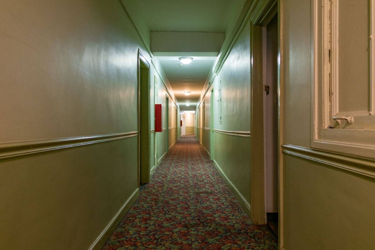 A hallway in an apartment building.