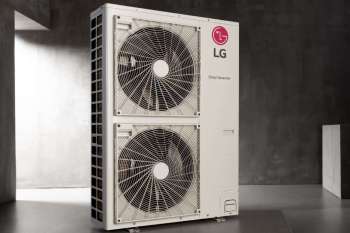 An LGRed heat pump unit with two large fans.