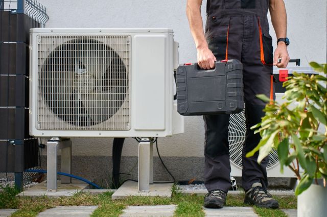 A technician stands beside an air conditioning unit while holding a tool case.