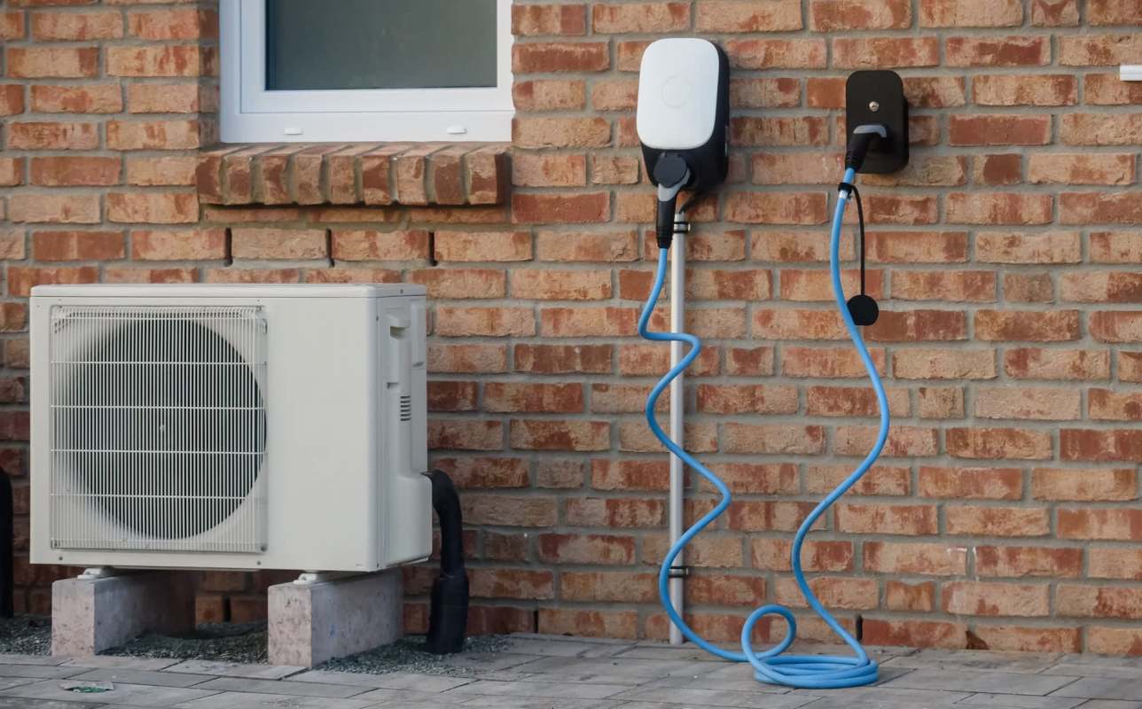 A heat pump next to electric vehicle charging stations.