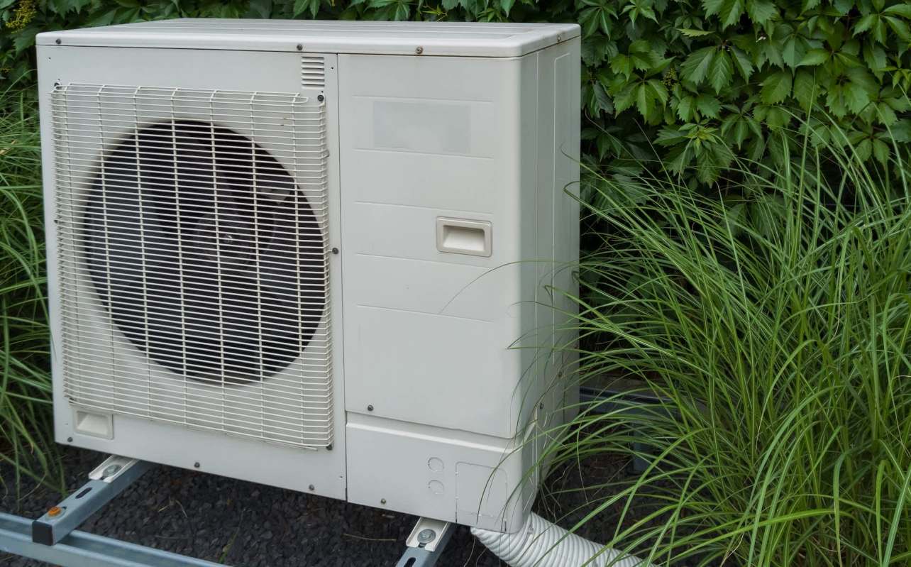 An outdoor heat pump unit beside tall grass.