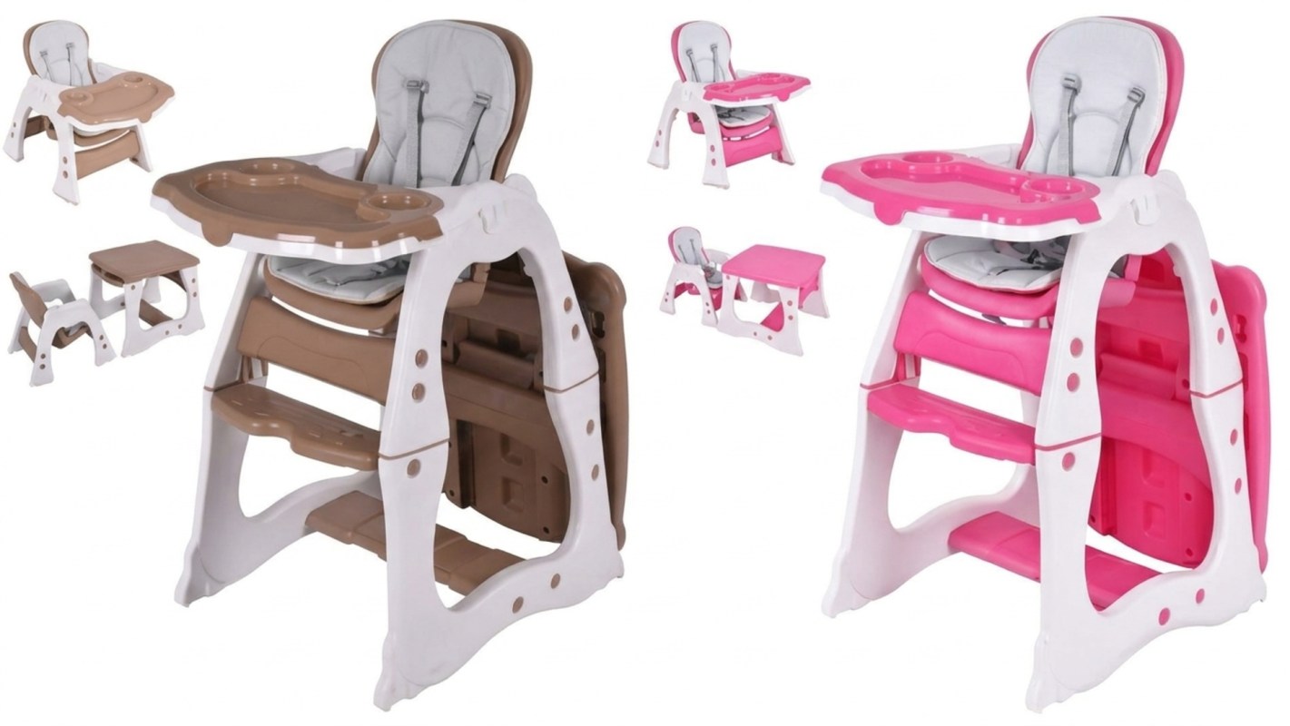 Recalled high chairs in brown and pink.