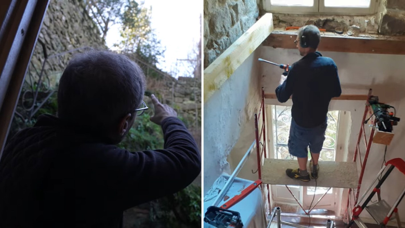 A person points outside from a doorway, while another person works on scaffolding indoors.