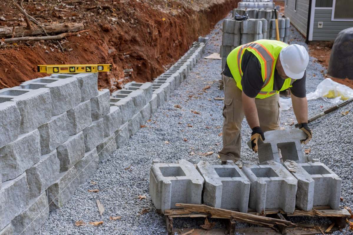 A construction worker building a retaining wall.