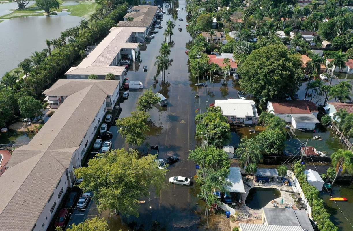 Aerial view of flooded residential area with submerged cars and palm trees.