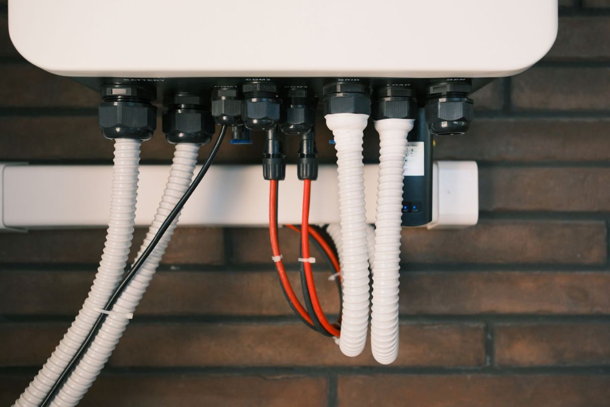 Wires connecting a home battery system.