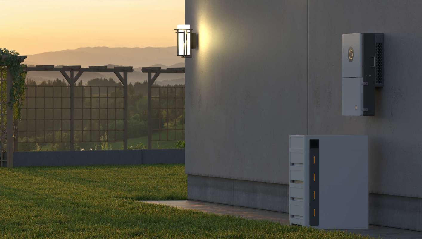 A wall-mounted device and a storage unit are situated beside a grassy area with a trellis and sunset backdrop.
