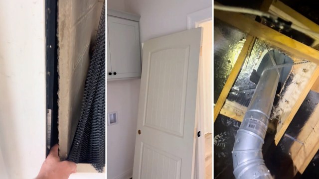 Three images: a hand pointing at an appliance vent, a white door leaning against a wall, and ductwork in an attic.