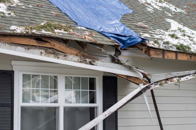 A damaged roof covered with a blue tarp showing exposed wood and debris near a window.