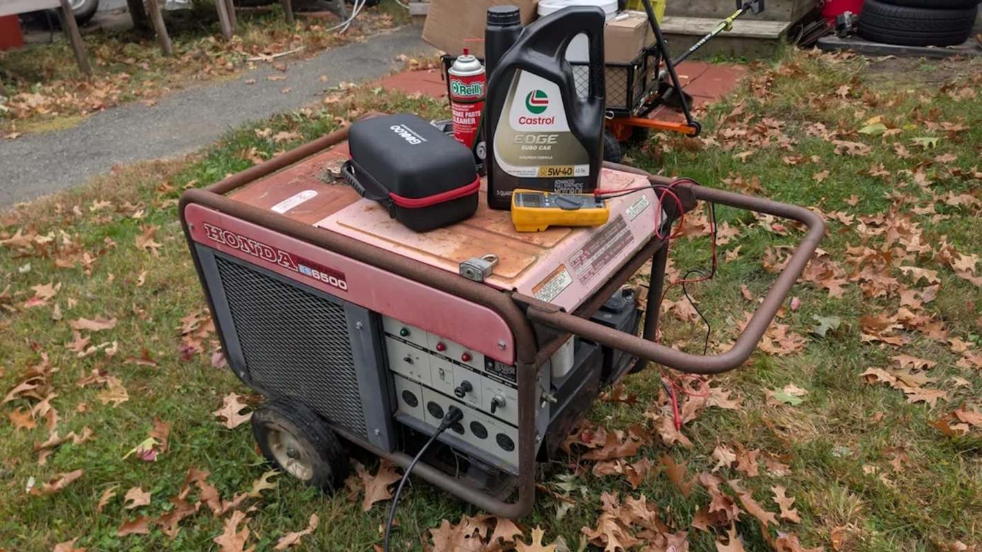 A Honda generator with tools and oil can on a lawn covered in fallen leaves.