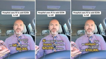 A man in a car discussing a hospital bill increased by AI.