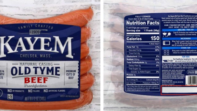 Kayem Old Tyme beef hot dogs.