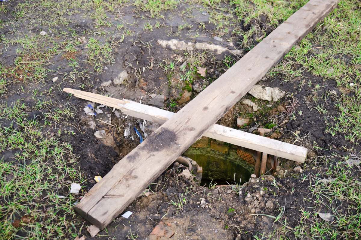 A hole in the ground covered with wooden planks, surrounded by grass and debris.