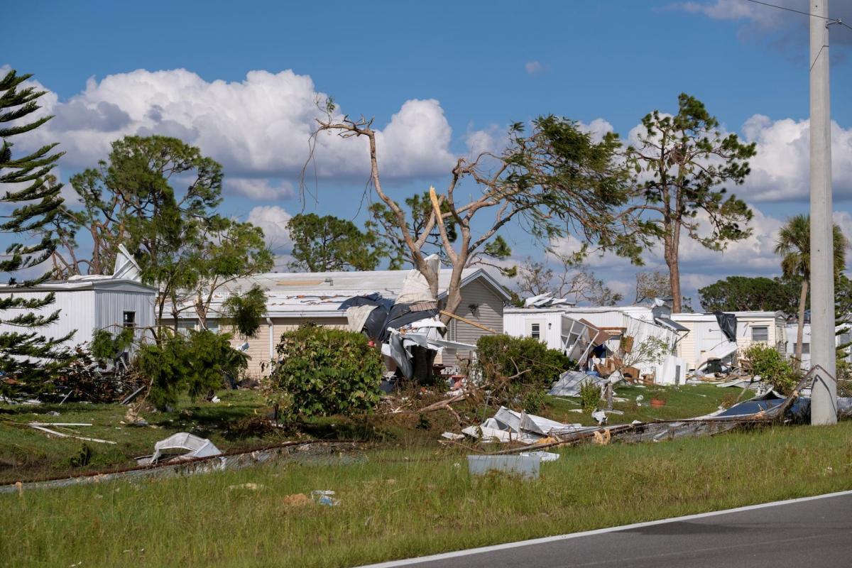 Hurricane damage to mobile homes in Florida.