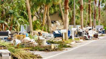 Debris and household items scattered along a street lined with palm trees.