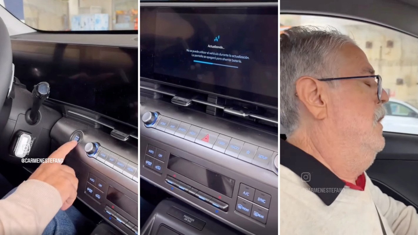 A Hyundai Kona undergoing a software update with a driver behind the wheel.