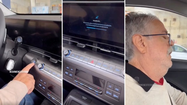 A Hyundai Kona undergoing a software update with a driver behind the wheel.