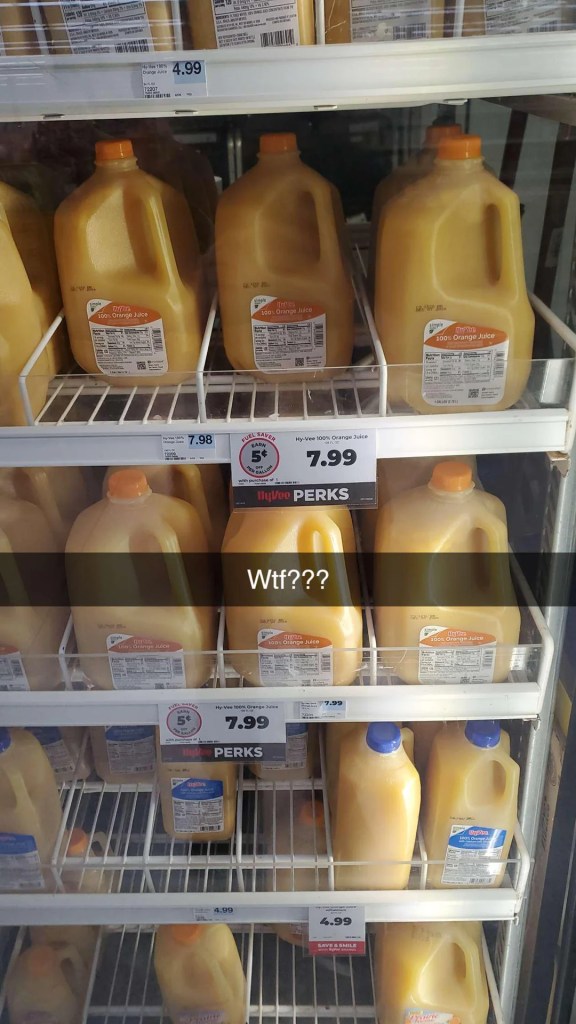 Gallons of orange juice selling for $8.