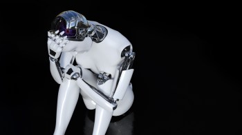A humanoid robot crouches with its head lowered, resembling a position of distress against a black background.
