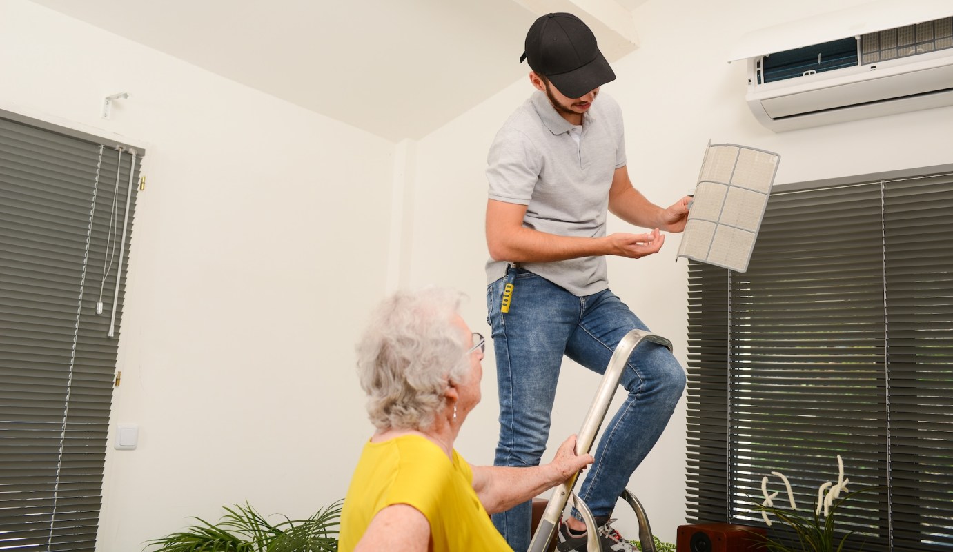 A person on a ladder shows an air filter to an elderly woman sitting below.