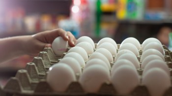 A person reaching for a carton of eggs.