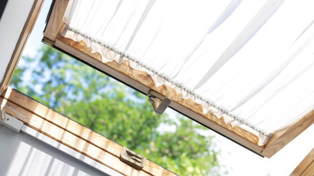 An open window with white curtains and greenery visible outside.