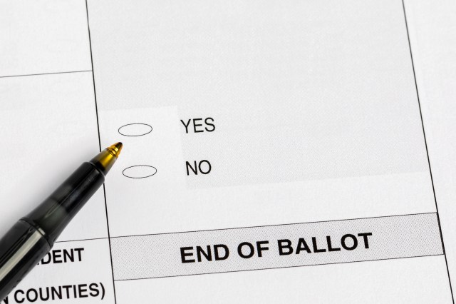 A voting ballot with options for "YES" and "NO" and a pen placed beside it.
