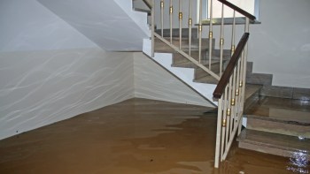 A flooded staircase with brown water covering the floor and reaching up to the base of the walls.