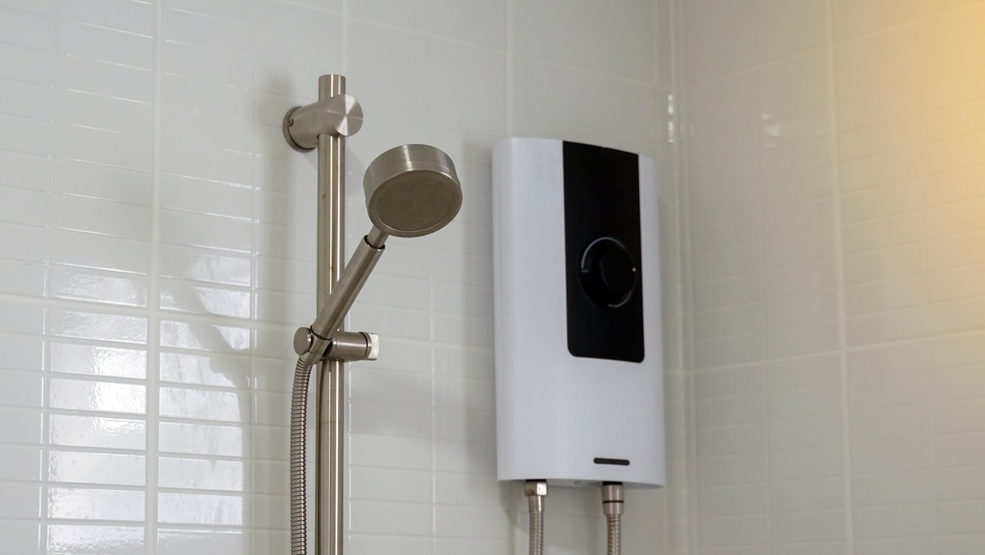 A showerhead attached to a wall with a tankless hot water heater beside it.