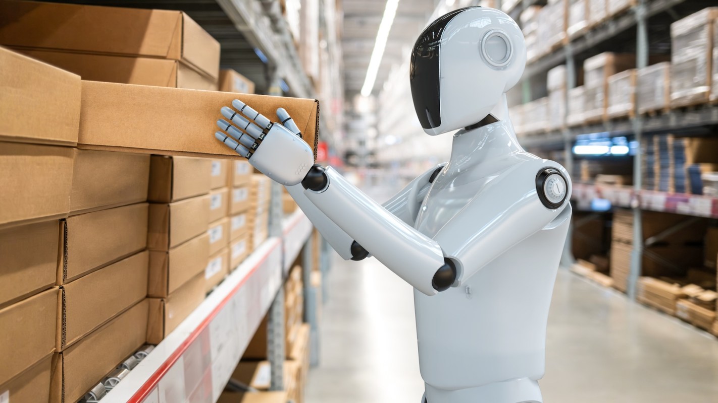 A robot holds a cardboard box in a warehouse filled with stacked packages.
