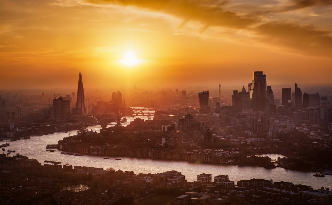 The London skyline at sunset.